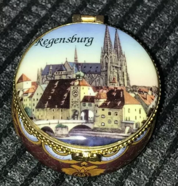 German Hand Painted Blue Gold Gilt Porcelain Trinket Box Regensburg Cathedral 2”