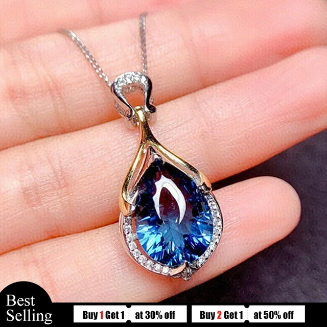 Mermaid Style London Blue Topaz Gemstone Silver Teardrop Women Necklace Pendants