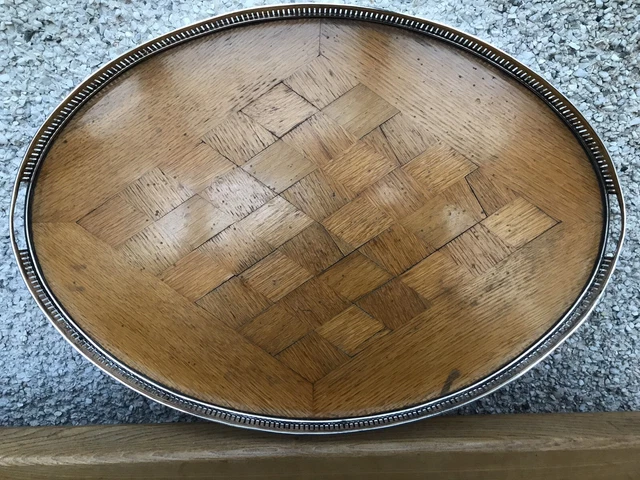 VINTAGE Silver Plate And Marquetry Large 22” / 55 cm Oval Gallery Butlers Tray