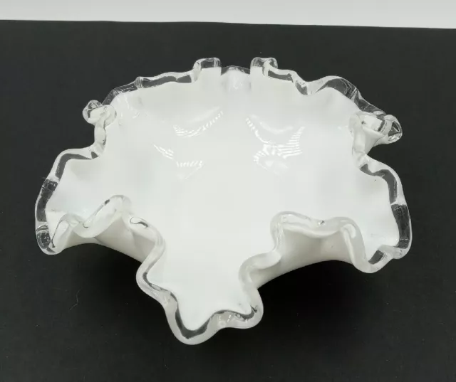 Fenton Silver Crest White Milk Glass Bowl Candy Dish Ruffled Crimp Vintage 6"