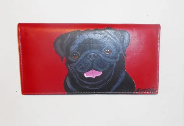 Black Pug dog Checkbook Cover Custom Painted Leather