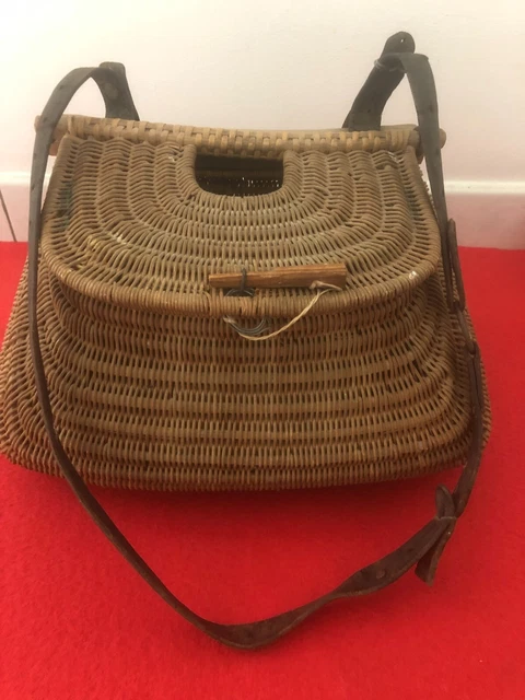 Panier De Pêche Creel En Osier Et Cuir – Vintage, Bordure Verte, Pour Pêche En Eau Douce