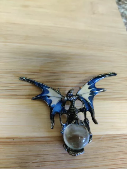Pewter Dragon Clear Crystal Ball Pendant Blue and Off-White Enamel On Wings