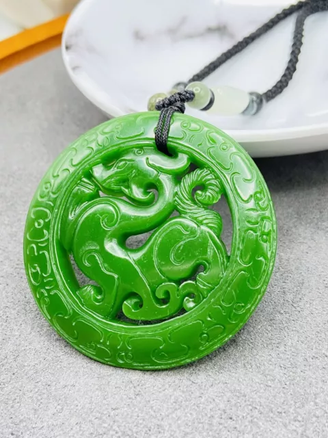 Jade Dragon Charm Pendant Necklace W/ Beads Cord Handmade Carved Green Gemstone