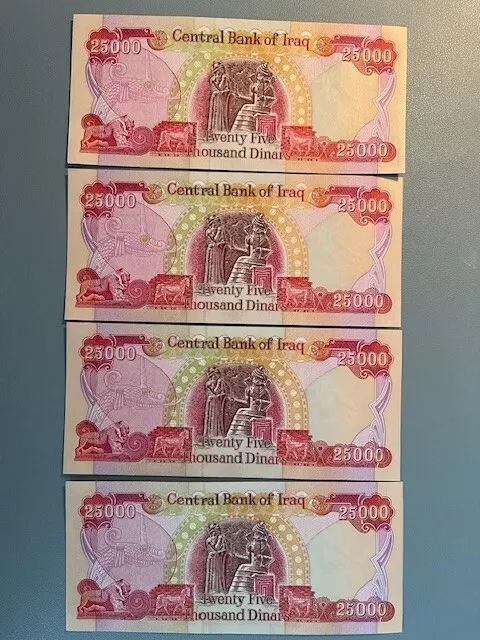 Iraqi dinar 25,000 Uncirculated Notes X 4 = 100,000  *Authentic Iraqi Dinar*