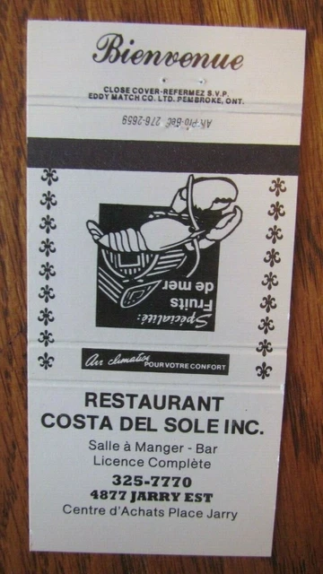 Animal - Lobster Matchbook Matchcover: Costa Del Sole (Montreal, Quebec) -F1