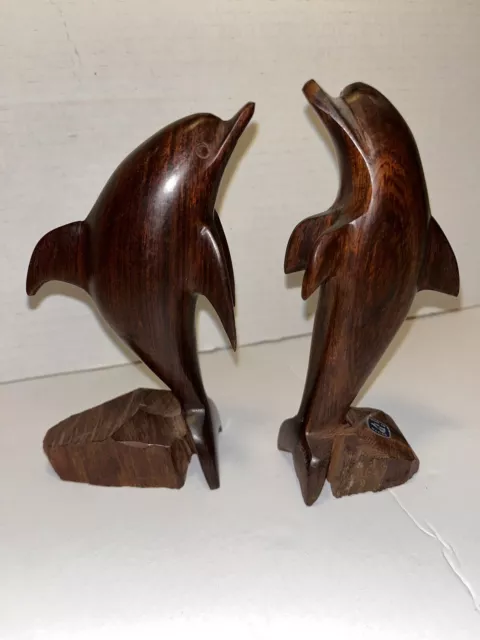 VTG MCM Dolphin Iron wood Set Hand Carved Art Sculpture Statue Figurine