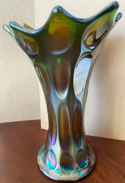 Fenton Carnival Glass Vase Iridescent Green Long Thumbprint Early 1900’s 9 Point
