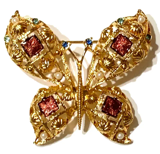 AVON Guilloche Enamel Butterfly Brooch Pin Faux Pearl Rhinestones Vtg Gold Tone