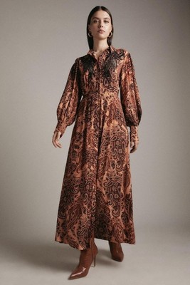 NWT Karen MIllen Paisley Print Embroidery Woven Maxi Shirt Dress size 10