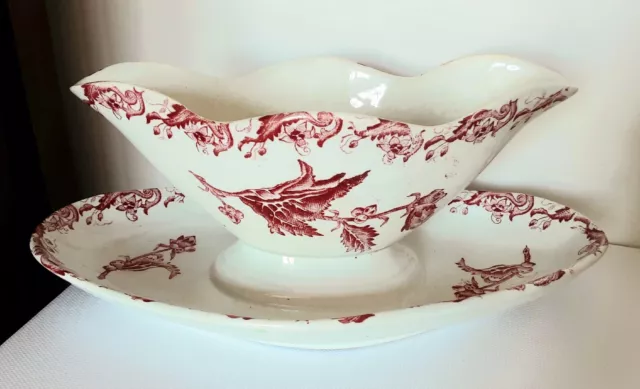 Ancienne saucière sur dormant terre de fer modèle Fleurs Rouge Pour Collection