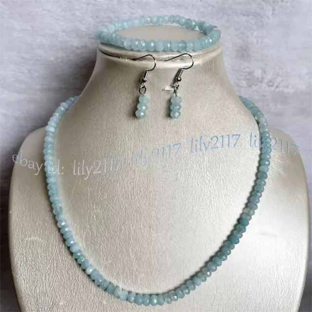 Faceted Aquamarine Natural Gems Rondelle Beads Necklace Bracelet Earrings Set