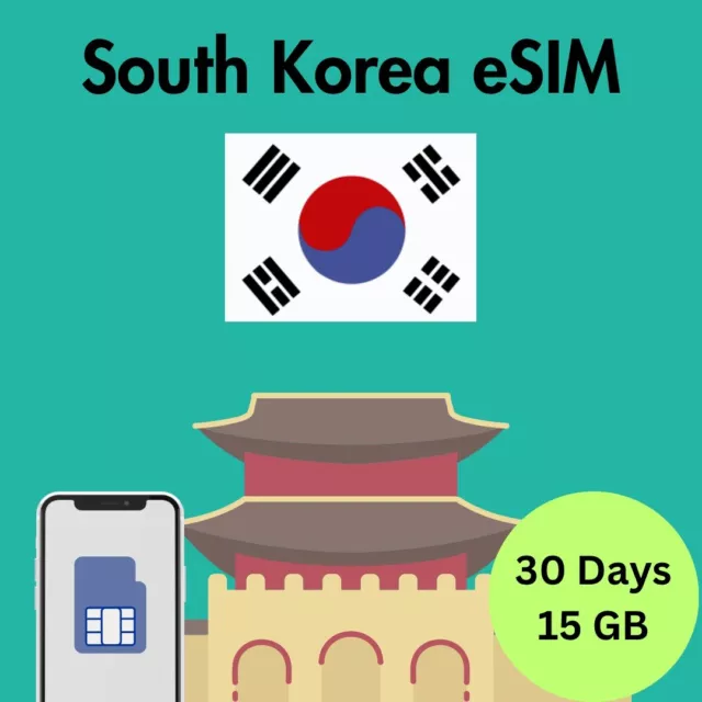 South Korea Prepaid Travel eSIM Card 15GB Data 4G Lte 30 Days