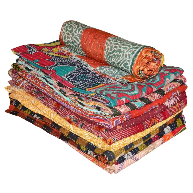 Kantha Quilt Cotton Indian Vintage Throw Bedspread Handmade Blanket Multi New