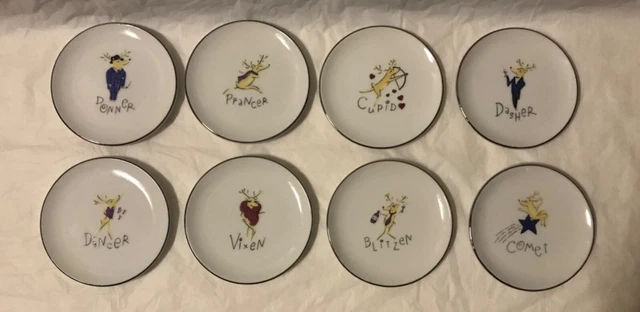 Pottery Barn Reindeer 4" Coaster/ Mini Plates Set Of 8 New Christmas/Holiday
