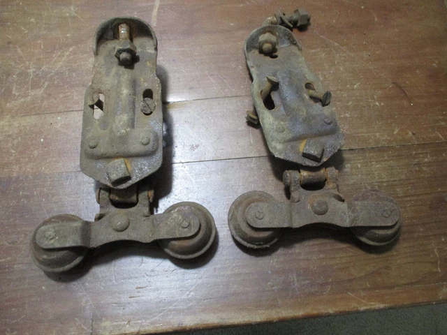 Two 2 Antique  Barn Door Rollers Hangers with Brackets
