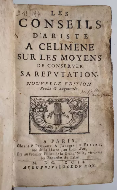 A.AUBIGNAC-Conseils d'Ariste a Celimene(...)moy. de conserver sa reputation-1692