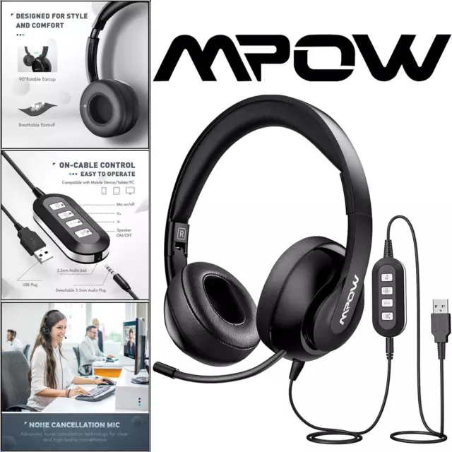 MPOW USB Headset Computer Wired HeadPhone In-Line Control Stereo Sound HeadSet