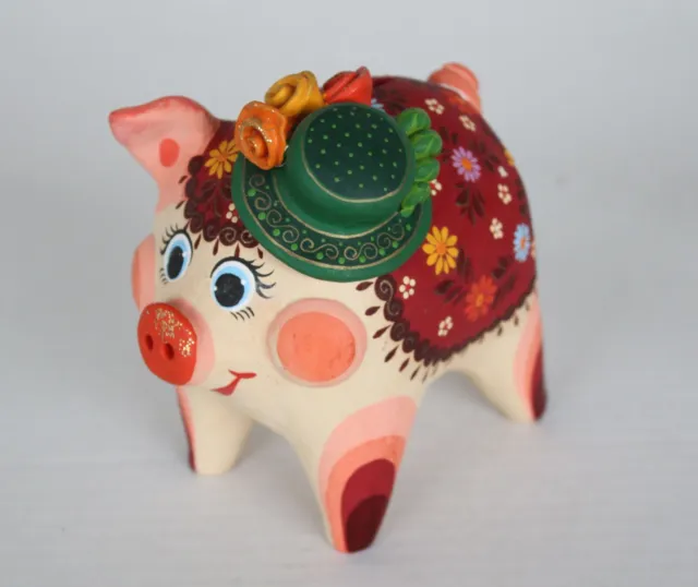 Vintage Antrhopomorphic Clay Pottery Pig Piggy Bank Mexico Hand Painted Folk Art