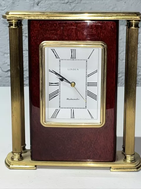 Vintage Brass And Mahogany Linden Westminster Chime Alarm Mantle Clock 2