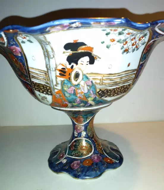 Vintage Large Satsuma Moriage Pedestal Bowl Geisha Gold Gilding China