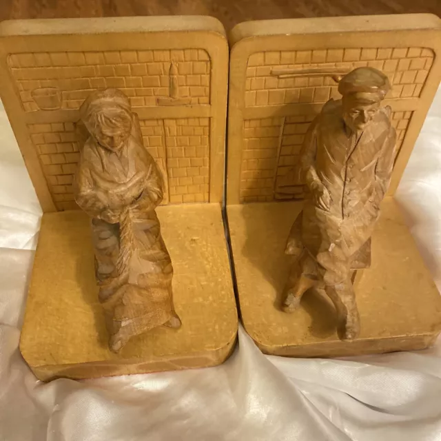 Beautiful pair of hand carved Bookends Lady Man Knitting Fireplace