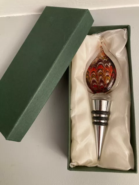 Glass Wine Bottle Stopper With Infused Red & Gold Colour Brand New With Gift Box