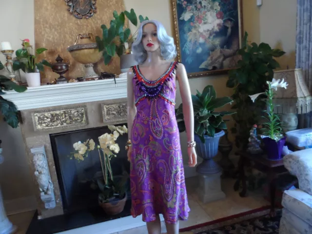 Etro 100% Silk Purple Multi Paisley Print Embellished Dress Size IT 40 - US 4 2