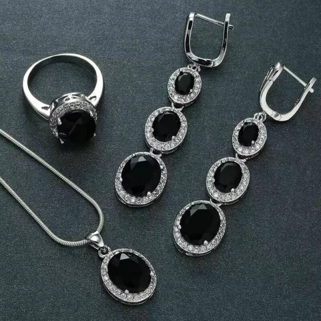 925 Silver Black Sapphire Ring Earrings Necklace Women Wedding Jewelry Set Gift