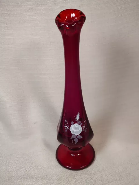 Vintage Mcm Hand-Painted Fenton Signed Ruby Red Swung Bud Vase W/ White Rose!