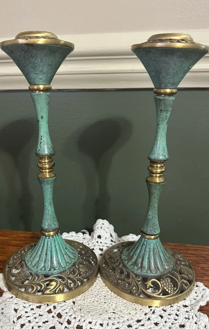 (2) VTG 1950's Candlesticks Oppenheim Judaica Israel Grapes Base Brass