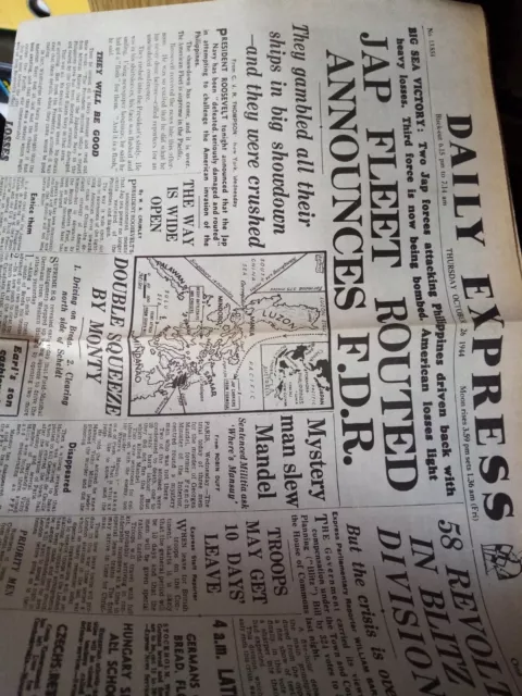 Reproduction Ww2 Daily Express Newspaper  Oct / 26 / 1944  Jap Fleet Routed