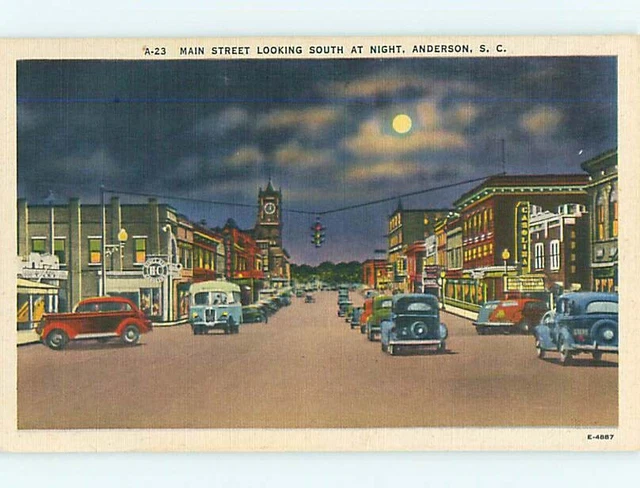 Unused Linen SINCLAIR GAS STATION SIGN & SHOPS ON STREET Anderson SC r1209@