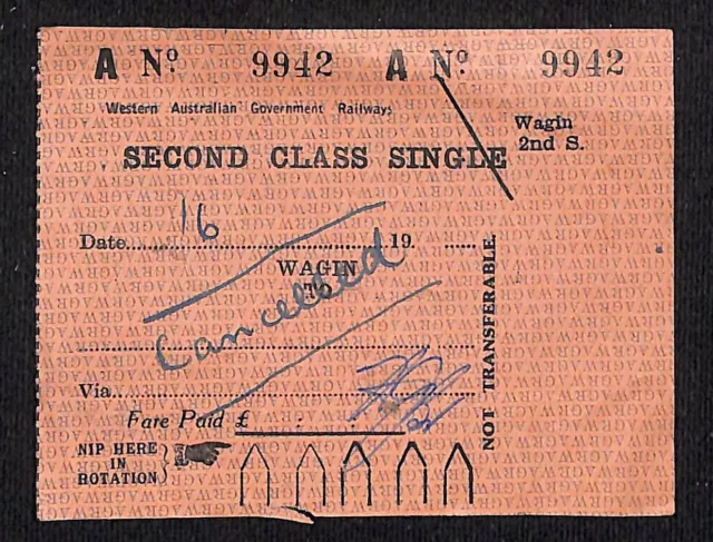 Western Australian Government Railways Second Class Ticket c1940's-50's