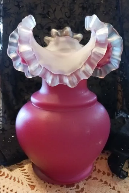 Antique Glass Vase Cranberry Pink w/ Satin White and Ruffle Edge 10”