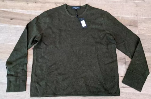 $250 Mens rag & bone "Colin" Merino Wool Knit Crewneck Sweater Army Green 2XL