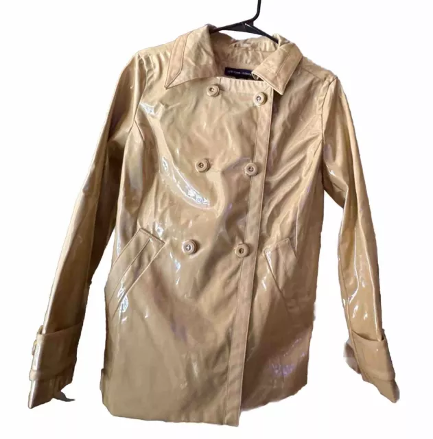 VTG NEW YORK & Co Womens PVC Raincoat Sz S Tan Slicker Trench Coat ...