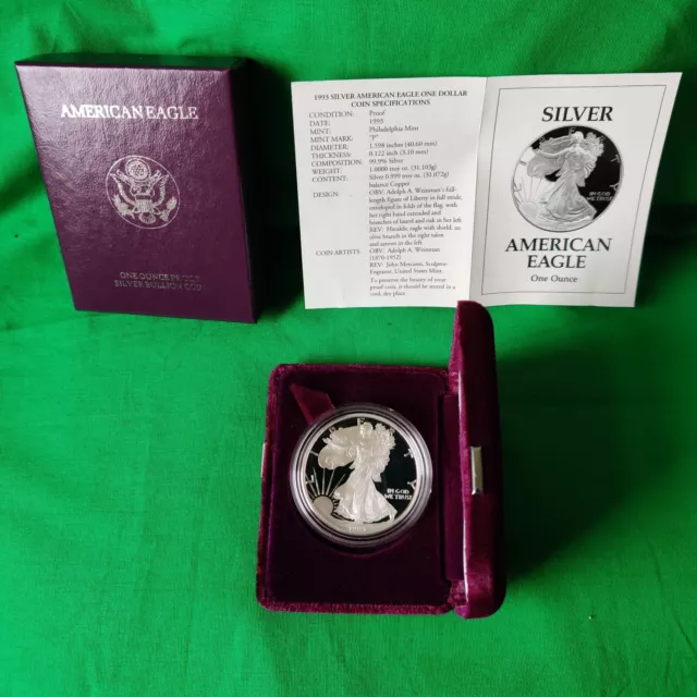 1993-P American Eagle 1 oz Silver Proof Coin In Purple Mint Packaging