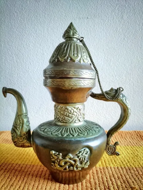 Antique brass & copper Tibetan teapot with dragon engravings