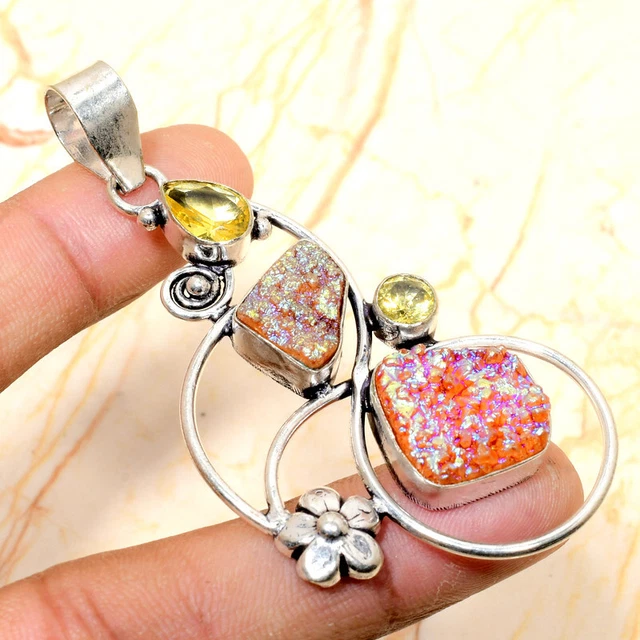 Titanium Druzy, Citrine Gemstone Handmade Gift Jewelry Pendant 2.75" F979