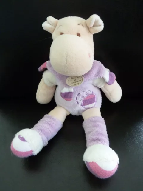 *. DOUDOU ET COMPAGNIE HIPPOPOTAME LEO vache MAUVE ROSE BLANC PELUCHE 26cm TTBE