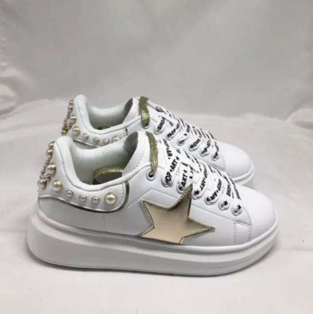Sneakers Shop Art Kim bianco e oro con perle zeppa 4,5 cm SCONTO DA LISTINO