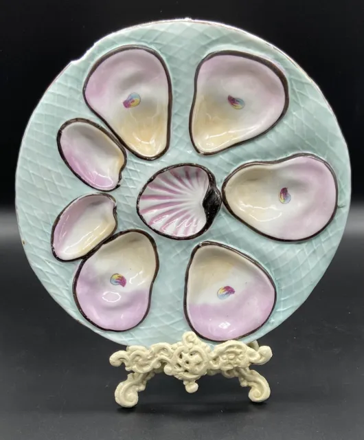 Antique Unmarked #516 Porcelain Oyster Plate Fishnet Aqua Blue 9 1/2”