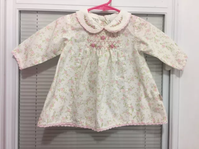 Girl's Infant Vintage White & Pink Floral Long Sleeve Dress Size 6 Months