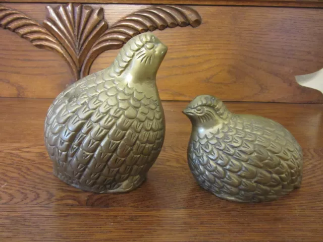 Vintage Pair Of Brass Quail Decorative Very Detailed  4 1/4" and 2 3/4" Tall