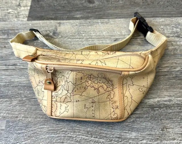 Map Fanny Pack Brown Old World Atlas Waist Bag Belt Bum Bag 80s 90s Retro