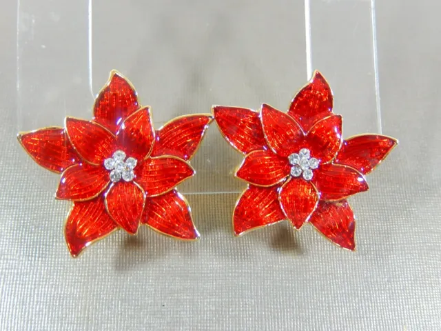 Eisenberg Ice Christmas Poinsettia Red Enamel Crystal Rhinestone Clip Earrings