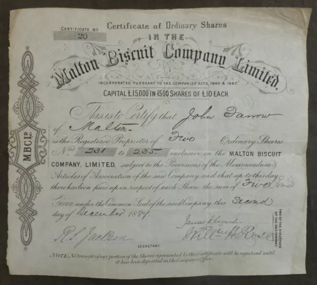 1887, Share Certificate, Malton, North Yorkshire(MALTON BISCUIT COMPANY LIMITED)