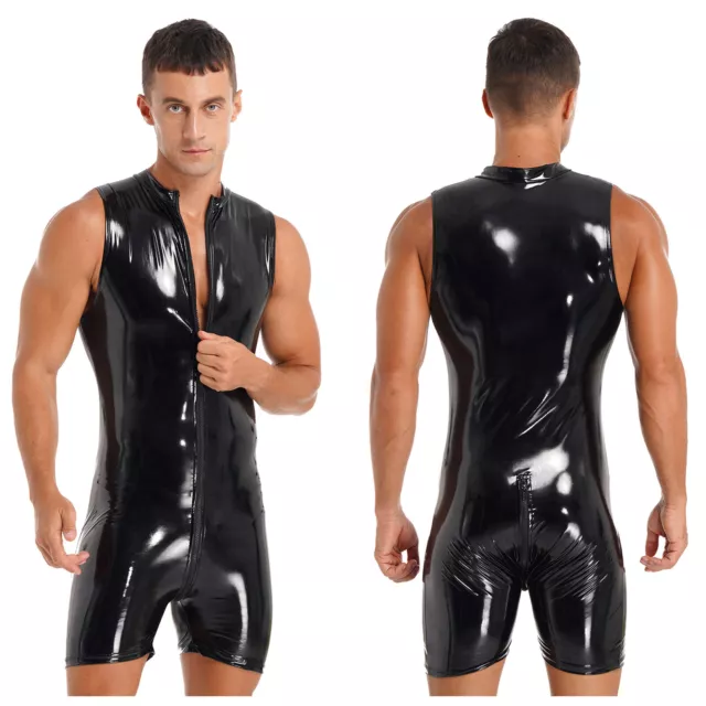 Sexy Men's Wet Look Patent Leather Bodysuit Sleeveless Zipper Jumpsuits Clubwear