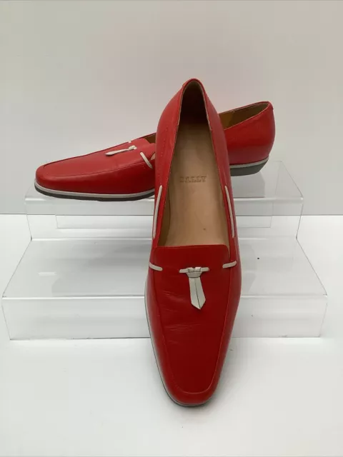 Bally Classic Feile Red Leather Flat Shoes Loafers 38.5 UK 5.5 Tassel Stitch